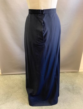 N/L MTO, Navy Blue, Wool, Solid, 1" Wide Self Waistband, Floor Length, Straight Cut, with Asymmetric Pleated Panel at Side Front with 3 Decorative Buttons, Button and Hook/Bar Closure at Back Waist, Made To Order