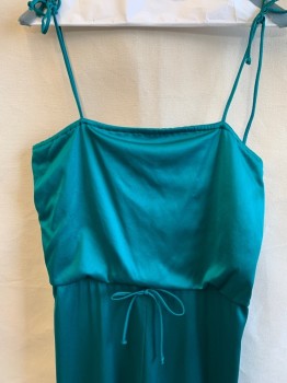 N/L, Teal Green, Polyester, Solid, Stretchy, Spaghetti Straps, Square Neck, Elastic Waist, Self Ties at CF Waist, Wide Legs, Disco
