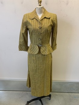 MTO, Yellow, Black, Gold, Silver, Synthetic, Plaid, C.A., Single Breasted, Button Front, Padded Shoulders, Peplum Waist, Cuffed Sleeves