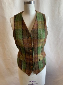 VIVIENNE WESTWOOD RE, Dusty Green, Caramel Brown, Burnt Orange, Acetate, Viscose, Plaid-  Windowpane, Plaid, 6 Carmel Brown Buttons with VW Logo, 2 Flap Pockets, Back Belt with Gold Hardware