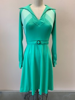 NO LABEL, Sea Foam Green, Mint Green, Lt Green, Polyester, Color Blocking, L/S, V Neck, Collar Attached, Flared Bottom, Back Zipper, Made To Order,
