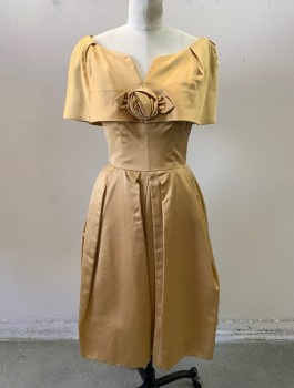HARRY KEISER, Gold, Silk, Solid, Satin, Caped Layer at Bust with Off the Shoulder Scoop Neck, V Notch at CF with Self Fabric Rose, Diagonal Pleats at Hips, Knee Length, CB Zipper