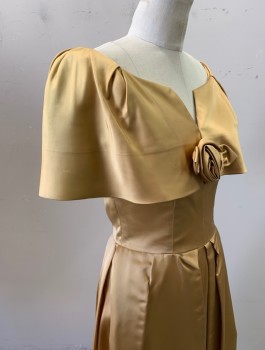 HARRY KEISER, Gold, Silk, Solid, Satin, Caped Layer at Bust with Off the Shoulder Scoop Neck, V Notch at CF with Self Fabric Rose, Diagonal Pleats at Hips, Knee Length, CB Zipper