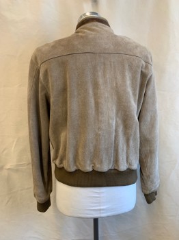 GERONIMO, Beige, Suede, Solid, Band Collar, Zip Front, 2 Pockets, Snap Front, Tan Accents On Pockets And Collar