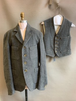 NO LABEL, Gray, White, Wool, 2 Color Weave, Boys, 4 Buttons, Single Breasted, Notched Lapel, 4 Pockets, Distressed