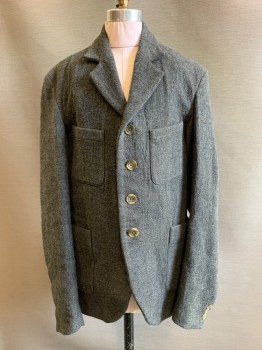 NO LABEL, Gray, White, Wool, 2 Color Weave, Boys, 4 Buttons, Single Breasted, Notched Lapel, 4 Pockets, Distressed
