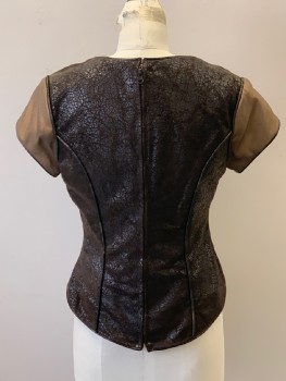 MTO, Dk Brown, Bronze Metallic, Gold, Synthetic, Elastane, Top, Faux Crackled Leather, Raised Geometric Pattern On Center Panel, Square Neckline, Cap Sleeve, Longer Curved Hem Front & Back, Piped Edges, Fitted, Back Zip