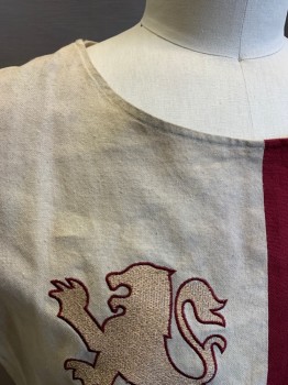WINDLASS, Maroon Red, Cream, Cotton, Color Blocking, 4 Quandrants of Alternating Maroon/Cream, Aged/Dirty, Heavy Canvas Fabric, Gold Metallic Lions at Each Side of Chest, Gold Trim, Split Hem at CF & Back, Reproduction Medieval Reenactment