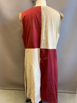 WINDLASS, Maroon Red, Cream, Cotton, Color Blocking, 4 Quandrants of Alternating Maroon/Cream, Aged/Dirty, Heavy Canvas Fabric, Gold Metallic Lions at Each Side of Chest, Gold Trim, Split Hem at CF & Back, Reproduction Medieval Reenactment