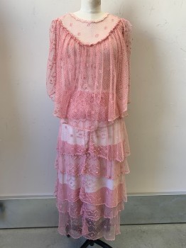 NO LABEL, Pink, Cotton, Polyester, Fishnet, Transparent Netted Poncho Top, Crew Neck, V Shaped Seam, Layered Netted Skirt, Cream Lining, Crochet Details