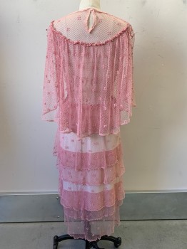 NO LABEL, Pink, Cotton, Polyester, Fishnet, Transparent Netted Poncho Top, Crew Neck, V Shaped Seam, Layered Netted Skirt, Cream Lining, Crochet Details