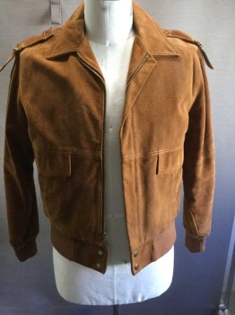 SILTON, Sienna Brown, Suede, Solid, Zip Front, Snap Closure, 2 Pocket with Flaps, Epaulets, Rib Knit Cuffs and Waistband,