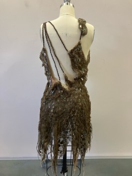 MTO, Brown, Cotton, Shells, Text, Beige Gauze Covered In Rectangular Abalone Beads with Another Brown Overlay Of Gauze. V-N, Brown Leather Braided Straps, Open Back, Side Closure, Irregular Hem, Multiples