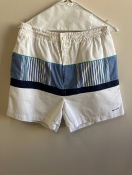 PIERRE CARDIN, White, Blue, Navy Blue, Cotton, Solid, Color Blocking, F.F, Elastic Waist with Drawstring, Zip Front, Horizontal Band Striped Insert Bordered with Teal Piping And Navy, Logo Left Leg, 3 Pckts, Mesh Underpant