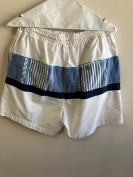 PIERRE CARDIN, White, Blue, Navy Blue, Cotton, Solid, Color Blocking, F.F, Elastic Waist with Drawstring, Zip Front, Horizontal Band Striped Insert Bordered with Teal Piping And Navy, Logo Left Leg, 3 Pckts, Mesh Underpant