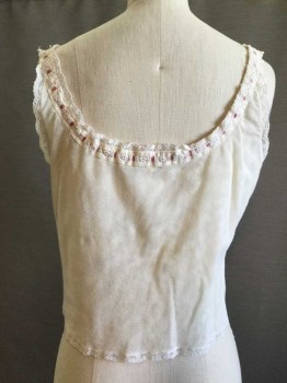 Fox801, Cream, Cotton, Cotton Mesh Knit, Eyelet Lace Trim with Rose Ribbon Drawstring At Scoop Neckline,