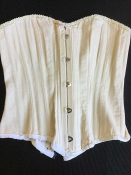 N/L, Lt Beige, Cotton, Herringbone Vertical Stripes, Cream Lace Top Trim, Off White Trim Bottom, Hook Front (lots Of Ripped At Hooks)  Cream Lacing Back