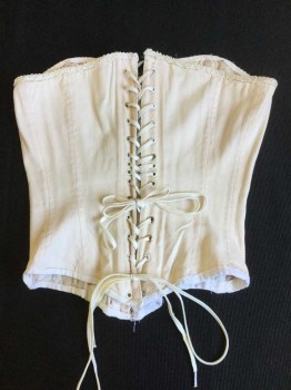N/L, Lt Beige, Cotton, Herringbone Vertical Stripes, Cream Lace Top Trim, Off White Trim Bottom, Hook Front (lots Of Ripped At Hooks)  Cream Lacing Back