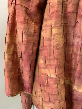 MTO, Rust Orange, Wine Red, Gold, Silk, Rayon, Solid, Made To Order, Silk Taffeta Basket Weave Texture, Asymmetrical Collar & Hemline, Gold & Wine Brocade Lining, Raglan Sleeves, Open At Armholes, Silk Shatterred at Elbows and Lapel See Detail Photo,