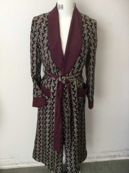 N/L, Black, Red Burgundy, Cream, Yellow, Gray, Polyester, Diamonds, Black W/gray, Cream,, Burgundy, Yellow Diamond Print, burgundy Shawl Collar Attached & Long Sleeves Cuffs , 2  Pockets Top W/black Piping Trim, 1 Button Front, with Detached SELF BELT
