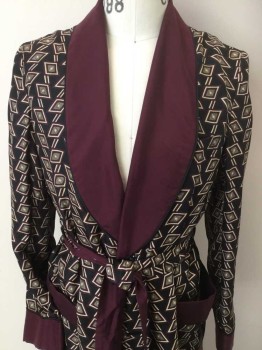 N/L, Black, Red Burgundy, Cream, Yellow, Gray, Polyester, Diamonds, Black W/gray, Cream,, Burgundy, Yellow Diamond Print, burgundy Shawl Collar Attached & Long Sleeves Cuffs , 2  Pockets Top W/black Piping Trim, 1 Button Front, with Detached SELF BELT