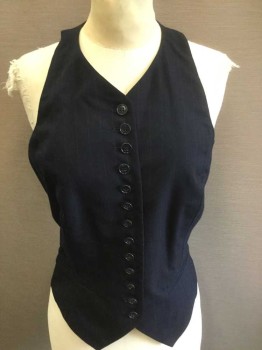 NORMA KAMALI, Navy Blue, Gray, Wool, Stripes - Pin, Vest/Top, Many Buttons In Front, High U Neck, 2 Welt Pockets, Form Fitting with Princess Seams,