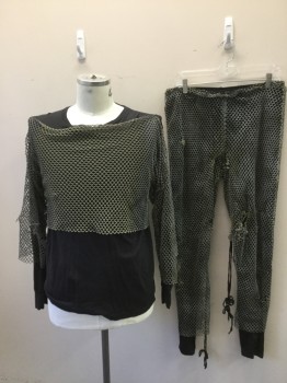 GAP, Black, Gray, Olive Green, Cotton, Synthetic, Solid, Mottled, Long Sleeves Tee Shirt. Crew Neck with Large Scale Synthetic Fishnet Draped Over