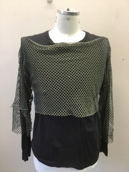 GAP, Black, Gray, Olive Green, Cotton, Synthetic, Solid, Mottled, Long Sleeves Tee Shirt. Crew Neck with Large Scale Synthetic Fishnet Draped Over
