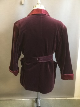 PAUL STEWART, Wine Red, Silk, Solid, Plum Velvet with Wine Satin Shawl Collar/ Cuffs, Pockets, Matching Belt