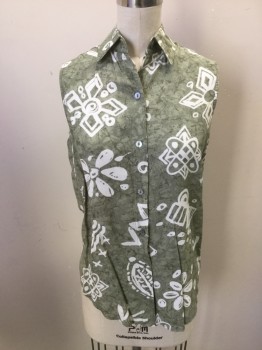 STRAIGHT DOWN, Olive Green, White, Rayon, Novelty Pattern, Blouse -White Batik Print, Sleeveless, Collar Attached, Button Front,