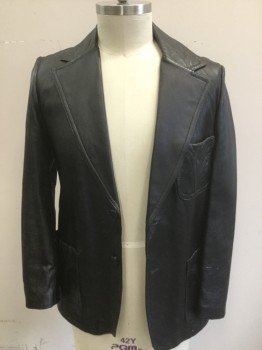 ADLER, Black, Leather, Solid, Notched Lapel, 2 Button Front, 3 Patch Pockets