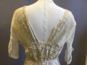 MTO, Butter Yellow, Silk, Solid, Floral, Champagne, Delicate Lace Bodice with Delicate Netting, V-neck, Short Sleeves, Pin Tuck Detail at Shoulders, Satin Abdomen with Floral Embroidery, Satin Skirt,  Zig Zag Trim Detail with Front Embroidered Panel and Pleated Detail, Train in Back,