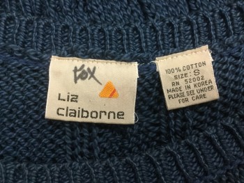 LIZ CLAIBORNE, Slate Blue, Cotton, Cable Knit, Round Neck,