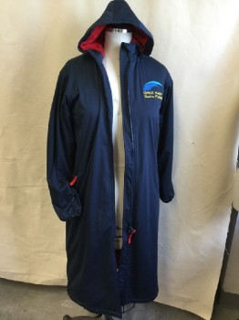 GREAT AUSSIE SWIM PA, Navy Blue, Red, Polyester, Cotton, Solid, Swim Parka, Dive Coat, Zip Front, L/S, 2 Zip Pockets, Elastic Cuff, Hood, Red Terry Cloth Lining, Below Knee