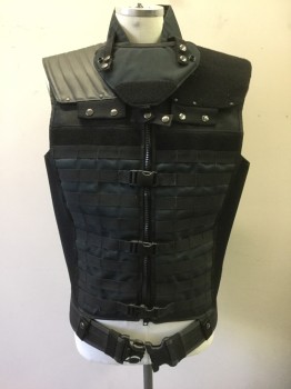 N/L, Black, Synthetic, Solid, Tactical Body Armor Vest, Zip Front, 4 Plastic Buckles at Front, Attached Belt at Waist, Many Compartments for Ammo, Detachable Triangular Panel at Neck **Has Multiples **Missing Neck Panel