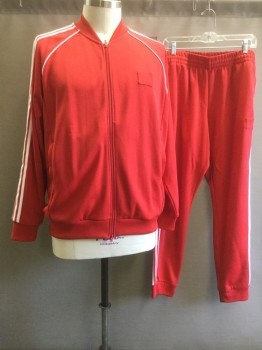 ADIDAS, Red, Poly/Cotton, Solid, Stripes, with White Stripes and Piping, Zip Front, Ribbed Knit Collar/Cuff/Waistband, Raglan L/S, 2 Pockets, Tracksuit