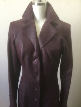 N/L MTO, Dk Purple, Leather, Solid, Crackled Texture Slightly Metallic Leather, Single Breasted, 7 Buttons,  Notched Lapel, 2 Welt Pockets at Hips, Black Leather Lacing Detail at Cuffs, Ankle Length, Made To Order
