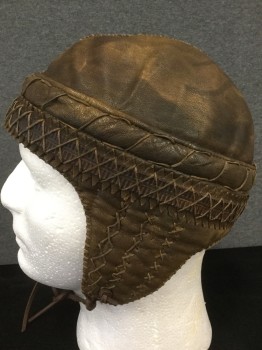 PIERONI BRUNO, Brown, Leather, Solid, Leather Cap, Padded and Quilted Band, Leather Criss Cross Lacing Detail, Ear Flaps, Leather Straps