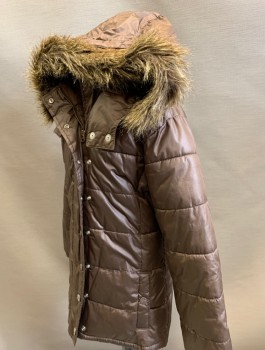 GAP KIDS, Brown, Polyester, Acrylic, Solid, Girls Puffer Jacket, Zip and Snap Front, Faux Fur Trim on Hood, 2 Pockets, Elastic Waist in Back, **Removable Hood