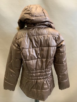 GAP KIDS, Brown, Polyester, Acrylic, Solid, Girls Puffer Jacket, Zip and Snap Front, Faux Fur Trim on Hood, 2 Pockets, Elastic Waist in Back, **Removable Hood