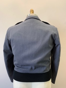 SOME'S UNIFORM, Dk Gray, Wool, Ike Jacket, Collar Attached, Zip Front, 2 Wing Tip Pleated Pockets, Gold Buttons, Black Knit Waist, Long Sleeves, Epaulets