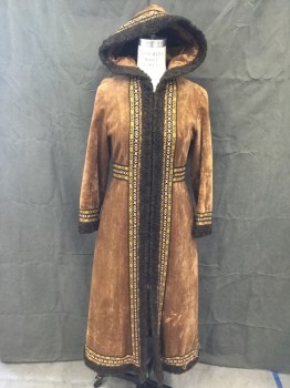N/L, Caramel Brown, Chocolate Brown, Cotton, Solid, Caramel Velvet, Dark Chocolate Boucle Trim, Multicolor Embroidered Ribbon Trim/Waistband, Zip Front, Attached Hood, Long Sleeves, 2 Pockets, Hem Below Knee, **Seam hole Above Left Pocket, and Strings From Ribbon Trim at Hem Coming Apart**Stain Front Left About 10" From Hem*
