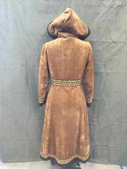 N/L, Caramel Brown, Chocolate Brown, Cotton, Solid, Caramel Velvet, Dark Chocolate Boucle Trim, Multicolor Embroidered Ribbon Trim/Waistband, Zip Front, Attached Hood, Long Sleeves, 2 Pockets, Hem Below Knee, **Seam hole Above Left Pocket, and Strings From Ribbon Trim at Hem Coming Apart**Stain Front Left About 10" From Hem*
