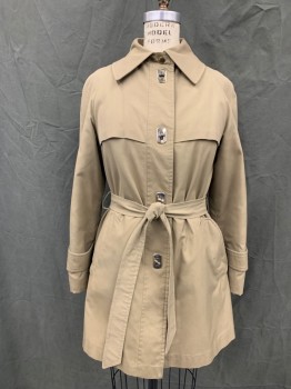 RAINMASTER, Khaki Brown, Cotton, Solid, Short Trench Coat, Silver Toggle Button Front, Collar Attached, Raglan Long Sleeves, Attached Button Tabs at Cuff, 2 Pockets, Front Storm Flaps, Back Storm Flap. Self Belt, Belt Loops, Chocolate Faux Fur Lining