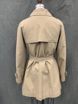RAINMASTER, Khaki Brown, Cotton, Solid, Short Trench Coat, Silver Toggle Button Front, Collar Attached, Raglan Long Sleeves, Attached Button Tabs at Cuff, 2 Pockets, Front Storm Flaps, Back Storm Flap. Self Belt, Belt Loops, Chocolate Faux Fur Lining
