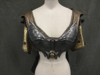 MTO, Gold, Bronze Metallic, Leather, Bronze Leather Front Padded Bra Top Over Gold Block Embroidery Over Black Top, Top Cropped in Front, Bronze Leather Hammered to Look Like Metal Shoulder Panels, Detachable Gold Laser Cut Short Sleeves Attached with Velcro, Button Detail on Short Sleeves, Black Cotton Tail Hem, Velcro Patches Front, Velcro Patches Back with Snaps
