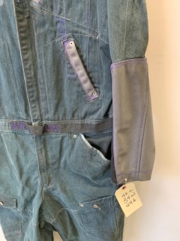 MTO, Dk Teal, Gray, Purple, Black, Cotton, Nylon, Solid, 9 Pocket, Dk Teal Denim, Gray Nylon Insets, Purple Contrast Stitching, Gray Fishnet Underarms, Zip Front, Collar Attached, Zip Cuffs, Aged/Distressed,