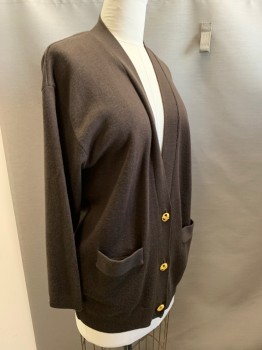 CLASSIQUES ENTIER, Dk Brown, Wool, Solid, V-neck, Cardigan, 2 Pockets, 3 Fancy Gold Buttons,