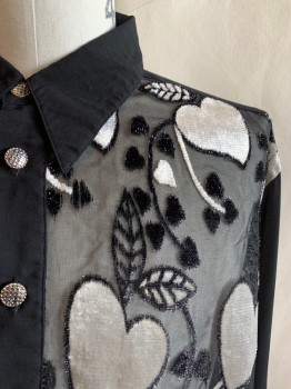 SANGI, Black, Lt Gray, Microfiber, Hearts, Leaves/Vines , Collar Attached, Button Front, Long Sleeves, Sheer Background, Silver Hearts and Black Leaves on Front and Cuffs, Silver Buttons Down Front and on Cuffs