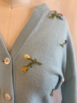 DALTON, Lt Blue, Purple, Green, Yellow, Pink, Cashmere, Floral, Solid, CARDIGAN, V-neck, 6 White Buttons, Tulips Embroidery